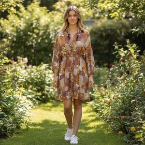 Meritt Patchwork Floral Mini Dress Mustard Burgundy Boho Smocked Waist Medium